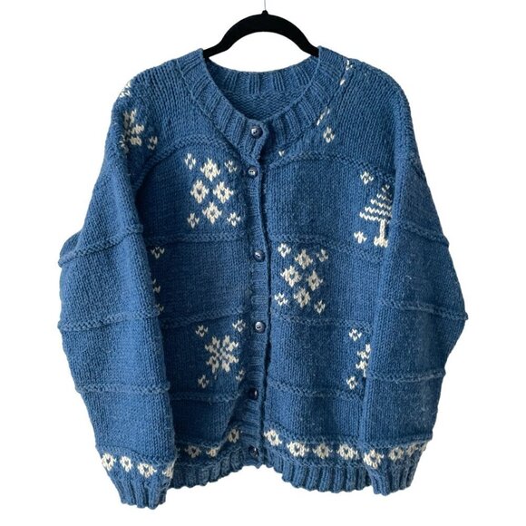 Handmade Cardigan Knit Sweater Button Front Snowflake Print Casual Blue Medium - Picture 1 of 6